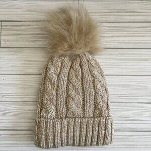 Time And Tru Faux Fur Lined Pom Pom Top Beanie Adult One Size NWT